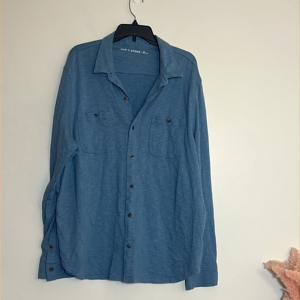 Sun + Stone Blue Button Down Cotton Knit Long Sleeve Shirt XXL - Picture 3 of 4